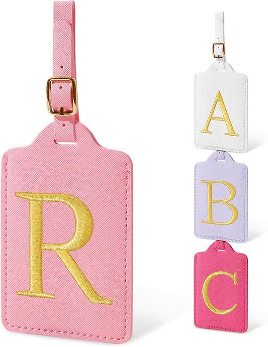 Personalized Initial Luggage Tags for Suitcases, Cute PU Leather Embroidered Letter Travel Luggage Tags, Suitcase Identifier Name Baggage Tag, Bag Tags for Men Women Kids Luggage Handbags(Pink R)