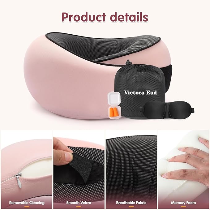 Travel Neck Pillow, Memory Foam Neck Support for Airplane, Car & Office, Breathable Portable Design with Eye Mask, Earplug Holder & Carry Bag, for Women&Men