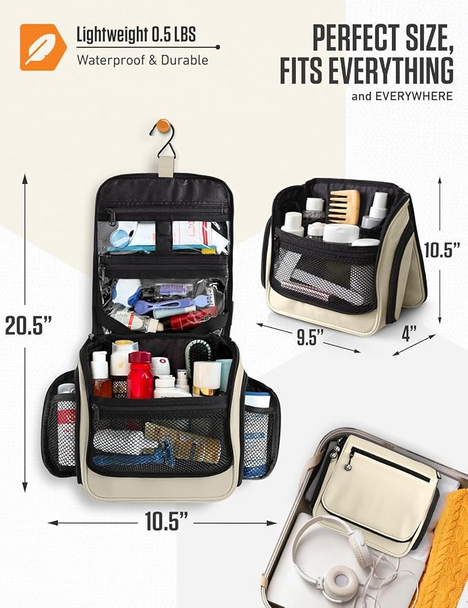 VENTURE 4TH Hanging Travel Toiletry Bag for Women & Men – Large Toiletry Organizer with 18 Compartments, Removable TSA Pouch, Travel Wash Bag for Toiletries, Makeup & Shaving Kit (Beige)