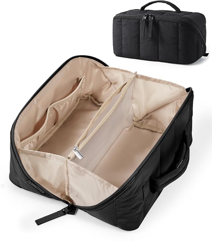 BAGSMART Travel Makeup Bag for Women, Portable Water-resistant Cosmetic Case, Puffy Padded Make Up Organizer Pouch, Open Flat Toiletry Bag for Toiletries, Brushes, Black