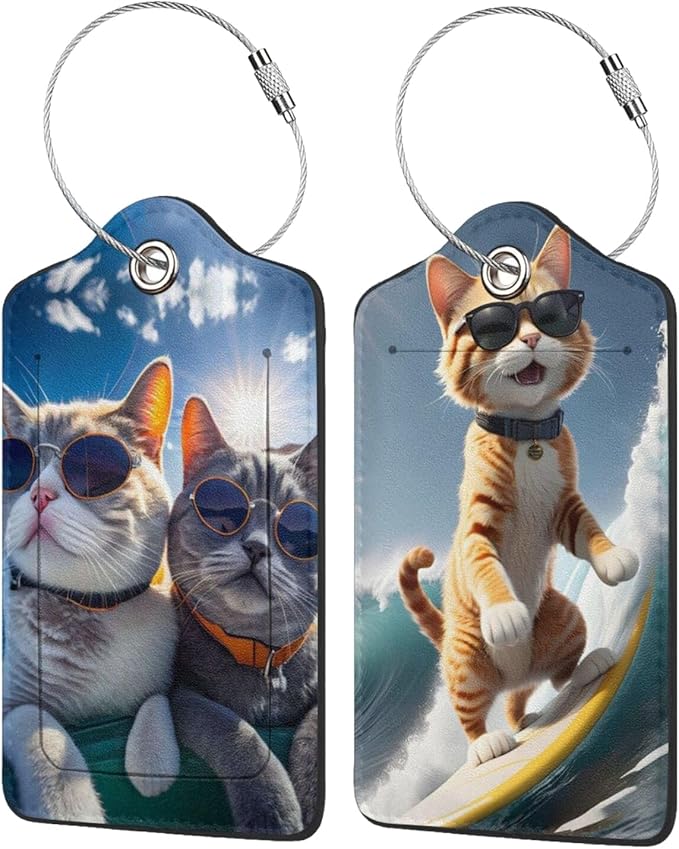 2P Cute Animal Cat Party Luggage Tags Privacy Cover ID Label with Stainless Steel Loop and Address Card for Travel Bag Suitcase Funny Cute Man Women Kids