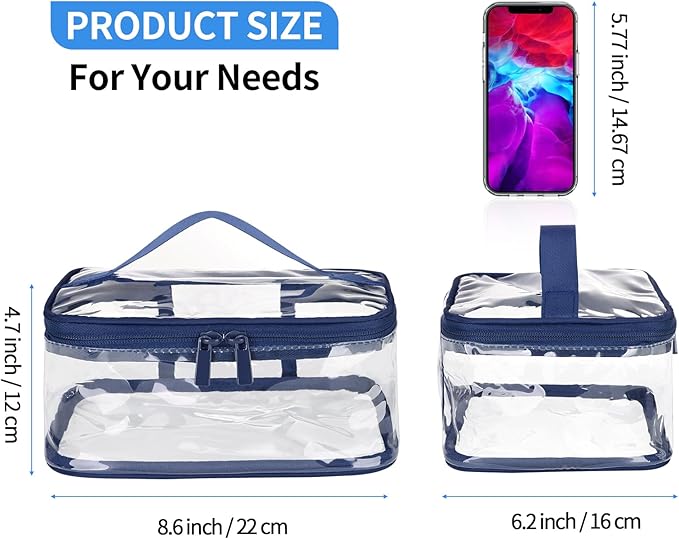 HAOGUAGUA 2 Pieces Clear Makeup Bags Cosmetic Toiletry Bags for Traveling, Waterproof Travel Transparent TSA APPROVED Carry On Airport Airline Compliant Bag (2 PIECES BLUE)