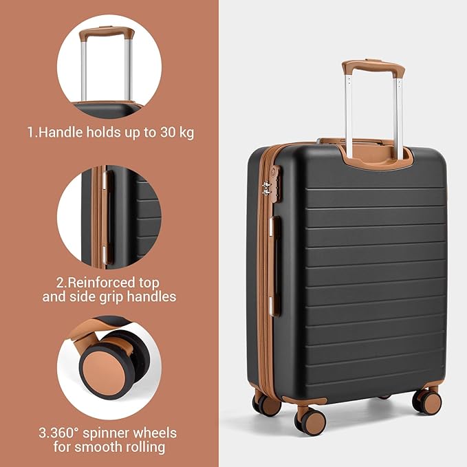 Kono Expandable 20 Inch Carry On Suitcase Airline Approved, Lightweight ABS+PC Hardshell Luggage with 360° Silent Spinner Wheels, Black/Brown