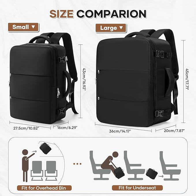 Travel Backpack For Women Men Carry on Backpack Luggage Flight Approved Personal item Travel Bag Essentials Mochila de viaje Laptop College Backpack Large Black