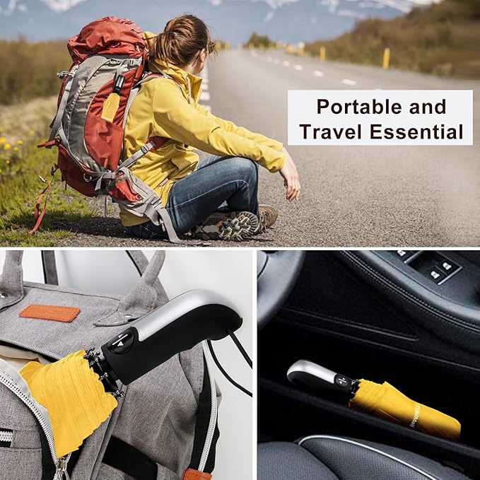 TradMall Travel Umbrella Windproof with 56 Inches Large Canopy 10 Reinforced Fiberglass Ribs Ergonomic Handle Auto Open & Close, Yellow