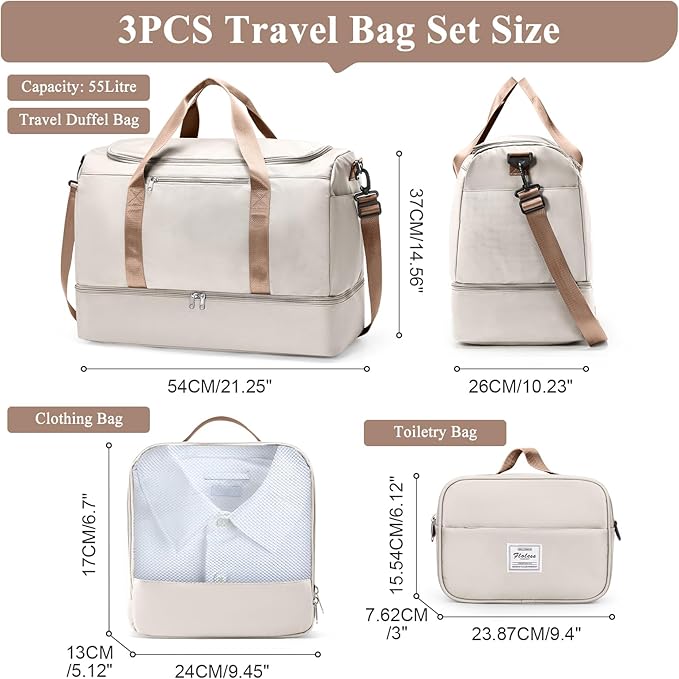Extra Large Travel Duffle Bag,Carry on Overnight Weekend Bag with Shoes Compartment,Weekender Bags for Women for Travel Business Trips Sport Hospital,3 Pcs Set,Beige & Brown