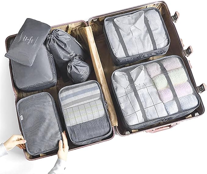 8 Set Packing Cubes for Suitcases Travel Luggage Packing Organizers,Travel Essentials Accessories Luggage Organizer with Shoe Bag Tioletry/Laundry Bag（Grey）