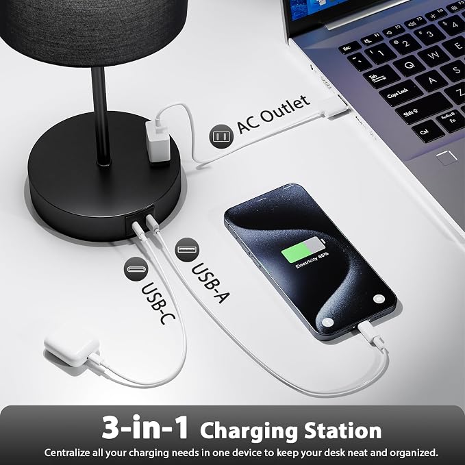 17.6" Black Touch Lamps for Bedroom Set of 2 - Dimmable, USB C+A, AC Outlet | Large 17.6" Tall Lamp, 3-Way Dimming, 5000K Daylight Bulbs, Black Lampshade Black Base, for Living Room, Boys, Men, Girls