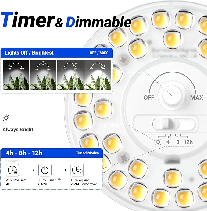 Barrina OG11A Grow Light Bulbs for Indoor Plant, 5000K 11W, 3 Packs, Black | Integrated Dimming & Timing, E26 Plant Light Bulb, Full Spectrum, High PPFD for Seeds and Greens