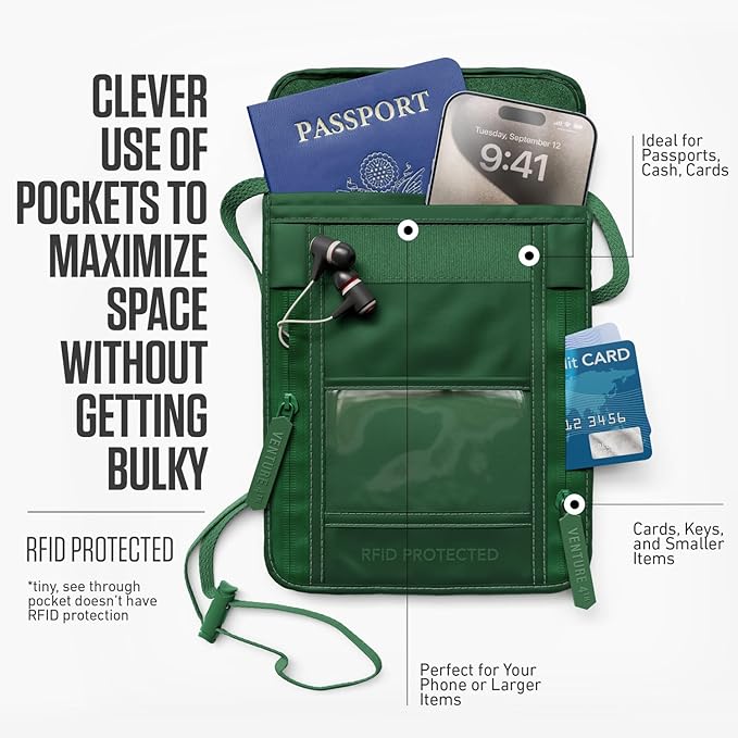 VENTURE 4TH Neck Wallet for Women & Men – RFID Blocking Passport Holder for Travel, Hidden Neck Pouch with 6 Compartments, Slim Lightweight Travel Organizer with Adjustable Strap (Sleek Green)
