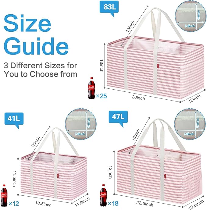 LHZK Standing Utility Tote Bag with Metal Wire Frame and the Sides Rinforced, Large Tote Bag with Handle, Reusable Grocery Bags Foldable, Beach Bag, Car Tote (Pink, 18.5''x11.8''x11.5'')