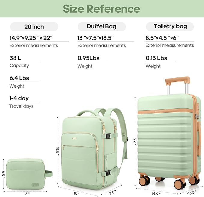 Luggage Sets 3 Piece, Carry On Luggage 20In With Spinner Wheels,PC Hardside Suitcase Set with TSA Lock,Durable Carry On Suitcase With Travel Backpack for Men (Light Green, 3 piece set (BP/20inch))