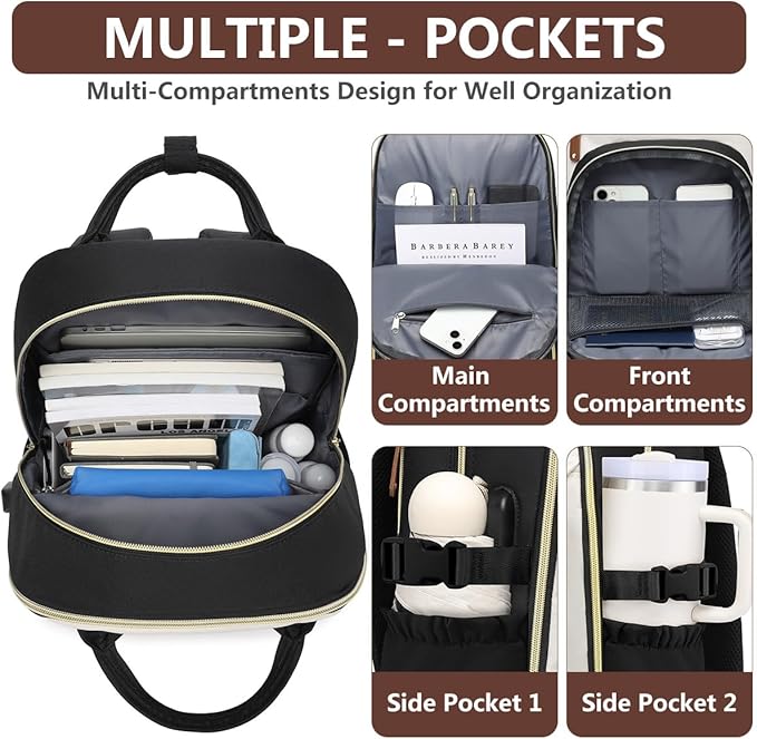 Laptop Backpack for Women Travel Backpacks - 15.6 Inch Laptop Computer Bag with Pouch Pocket Large Capacity Cup Purse Work Business Back pack College Teacher Bags Beige Black Brown