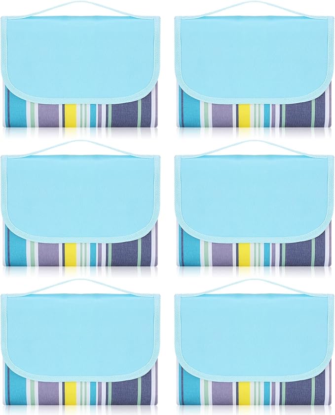 Shellwei 6 Pcs Beach Blankets Waterproof Sandproof Extra Large 80 x 60 Inch Outdoor Picnic Blankets Foldable Portable Beach Mat Tote Travel Supplies for Camping Park Grass(Blue Stripes)