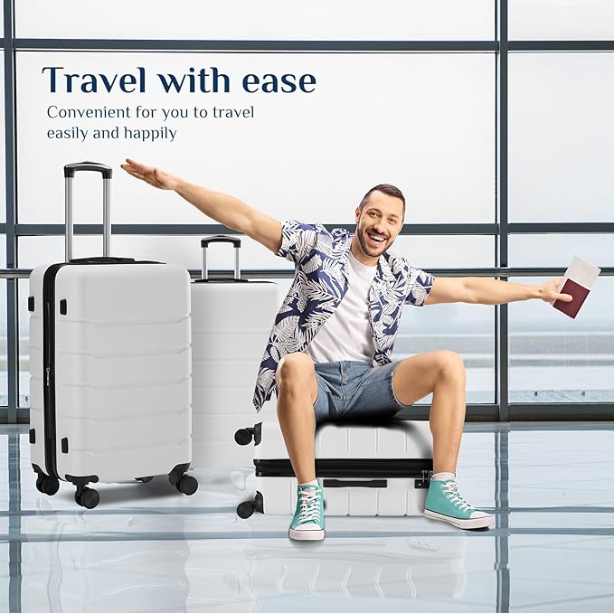 NEWBULIG 3-PCS Set Suitcases Spinner Wheels Lightweight Expandable Travel Hard Shell Luggage with TSA Lock, White