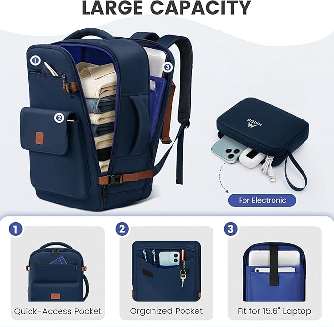 MATEIN Personal Item Travel Backpack, Lightweight Frontier Personal Item Bag with Shoe Compartment 15.6 inch Water Resistant Travel Laptop Backpack Airline Approved Underseat Backpacks for Women, Blue
