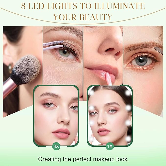 Kakuje Compact Mirror, 1X/3X Magnification LED Pocket Mirror with Nternal BIattery, Mini Mirror for Purse, Pocket,Travel and Present (Green)