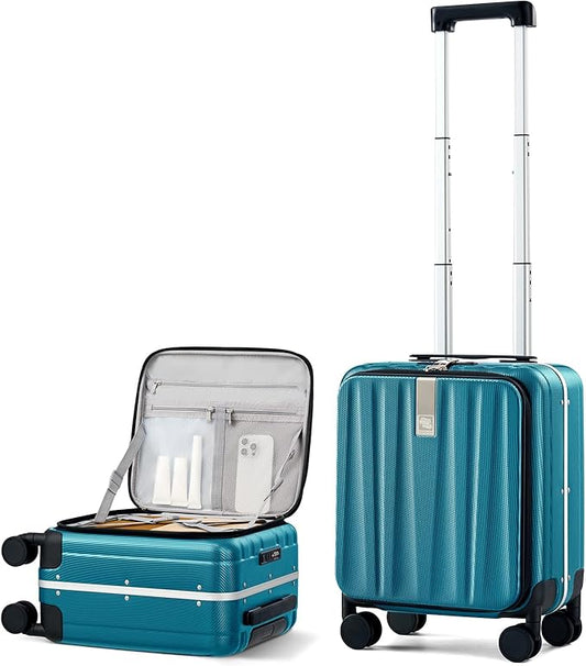 Hanke 16 Inch Small Carry On Luggage Hard Shell Top Opening Aluminum Frame Suitcase with Spinner Wheels, Underseat Front Open Luggage for Men & Women Business Travel and Short Trips, Caribbean Blue