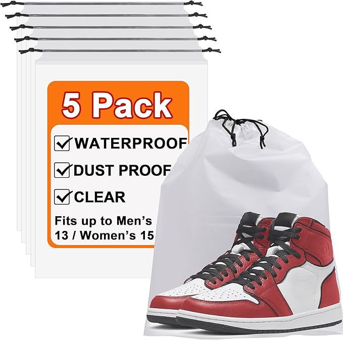 5 Pack Clear Shoe Bags for Travel, 15.7"×11.8" PEVA Drawstring, Water-Resistant, Fits up to Men’s 12–13, Reusable Storage for Shoes, Clothes & Toiletries, Keep Luggage Tidy & Odor-Free
