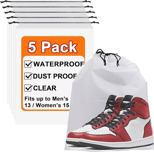 5 Pack Clear Shoe Bags for Travel, 15.7"×11.8" PEVA Drawstring, Water-Resistant, Fits up to Men’s 12–13, Reusable Storage for Shoes, Clothes & Toiletries, Keep Luggage Tidy & Odor-Free
