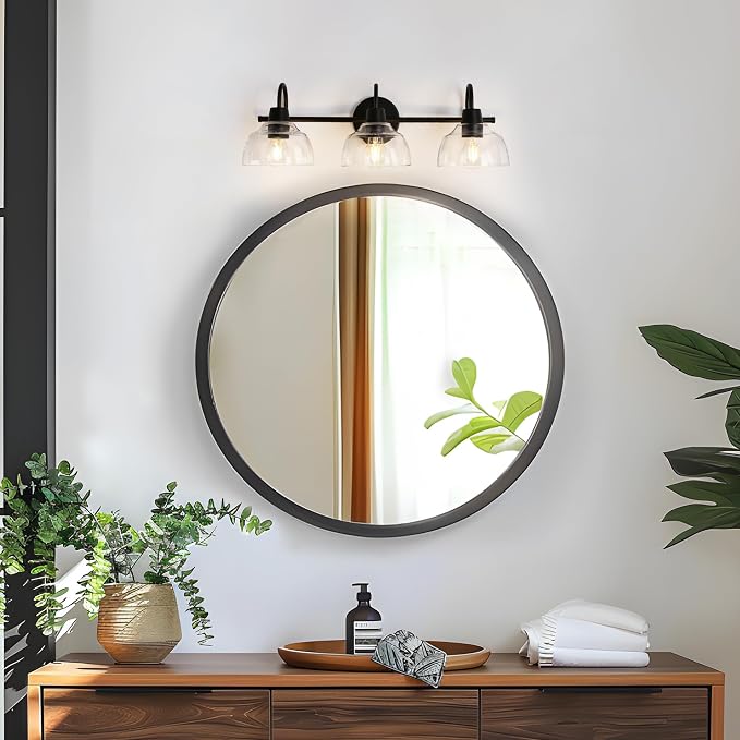 KSANA Black Bathroom Light Fixture, 3-Light Vanity Light with Large Opening Clear Glass Shade, Modern Farmhouse Wall Lamp Over Mirror