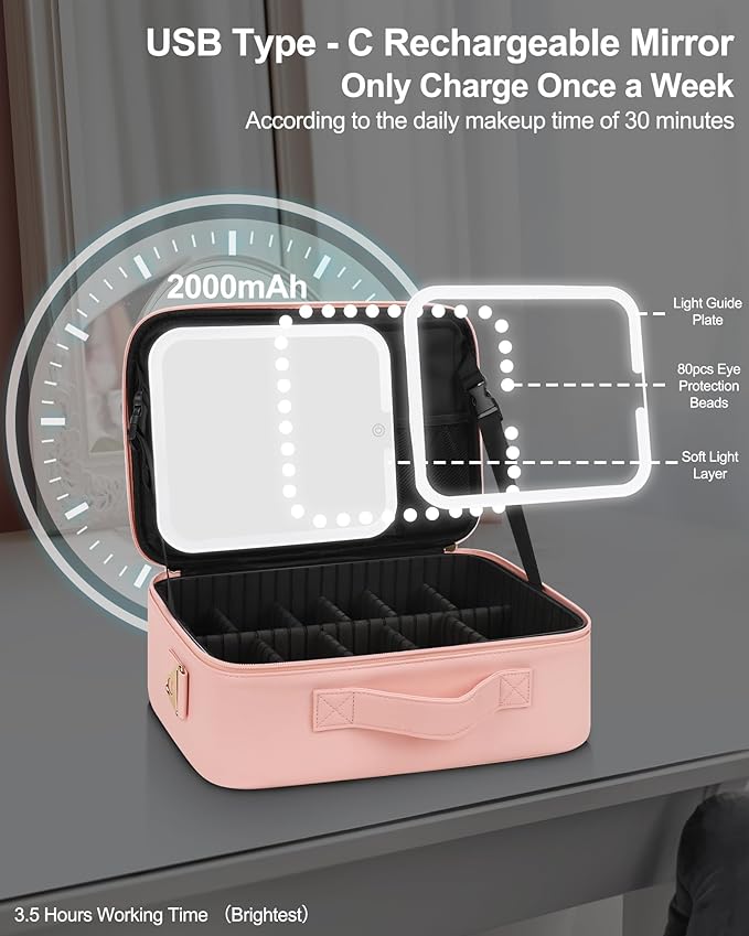 Relavel Travel Makeup Bag With LED Mirror, Portable Cosmetic Bag Organizer with Adjustable Brightness in 3 Color Scenarios, Professional Large Cosmetic Train Case with Shoulder Strap - Pink