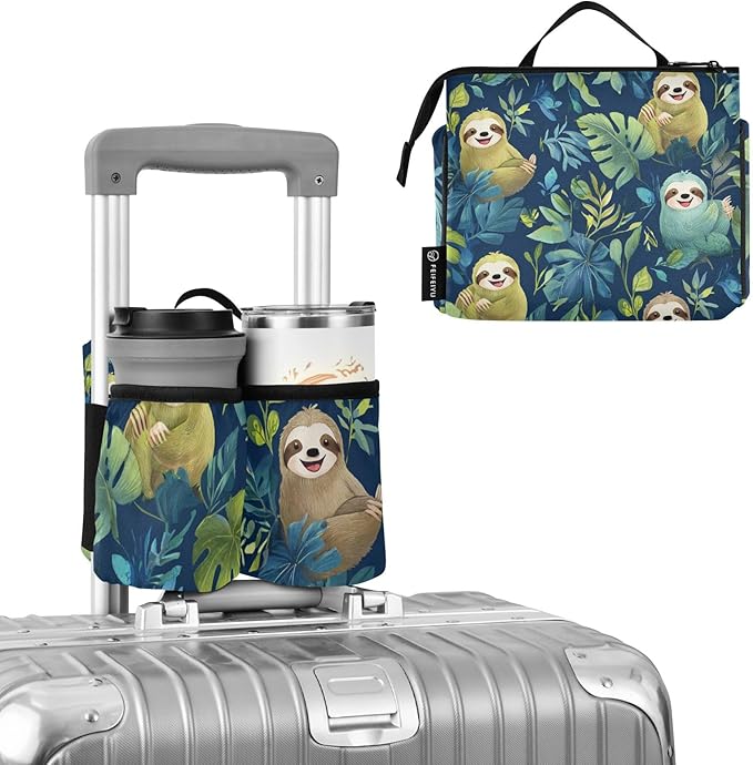 Watercolor Cartoon Sloths Blue Luggage Cup Holder Travel Portable Free Hand Drink Carrier Suitcase Drinks Beverage Holder Carry-On Bottle Mug Holder Organizer Bag Travelers Accessories