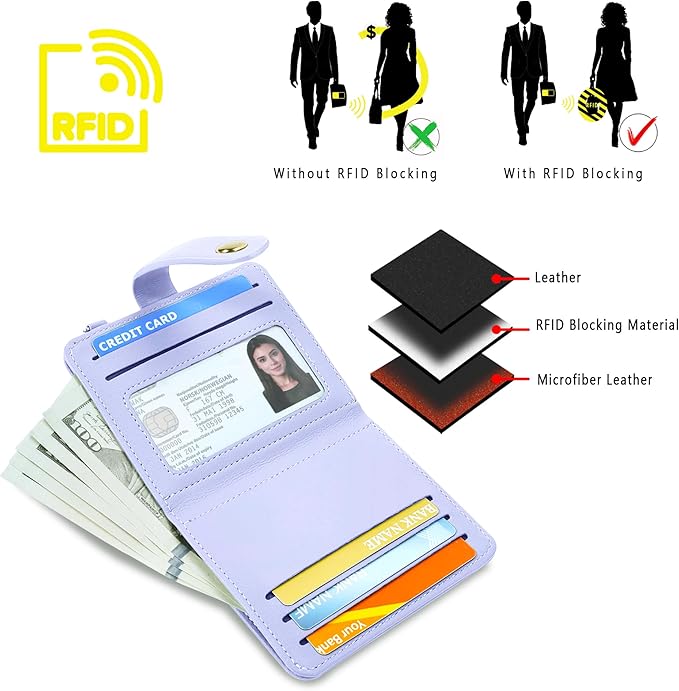 Airkit Small Wallets Woman RFID Blocking Leather Credit Card Holder - with ID Window - Card Wallets for Women - with Zipper Coin Purse - Keychain Wallet