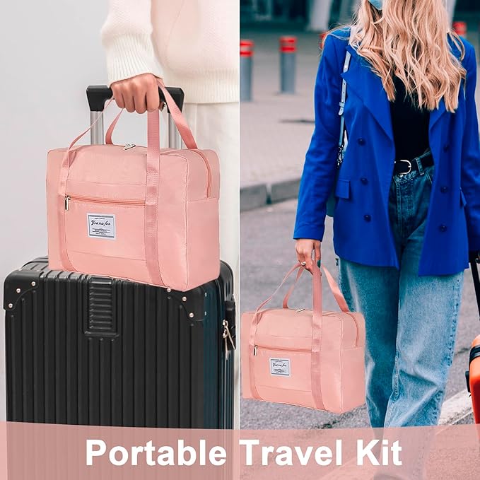 Travel Blanket Pillow Set - Travel Neck Pillow & Blanket for Airplane, Thick Fleece Plane Blanket, Hooded Memory Foam Neck Pillows, Foldable Duffel Bag, Sleep Mask, Earplugs for Plane Traveling, Pink