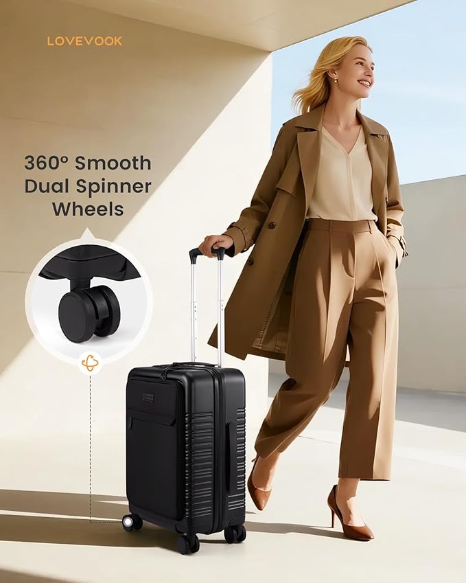 LOVEVOOK Carry On Luggage 22x14x9 Airline Approved with Detachable Pouch, 21 Inch Hardside Suitcases with Spinner Wheels, Lightweight Carry-on Luggage with TSA Lock for Women Men, 2PCS, Black