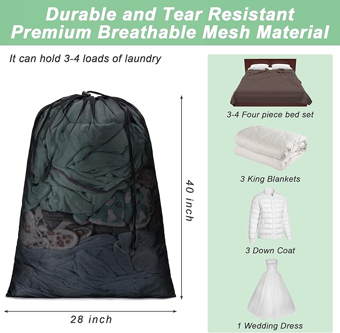 2 Pack Mesh Laundry Bags,Machine Washable Dirty Clothes Organizer with Drawstring and ID Tag, Large Laundry Hamper Liner Enough to Laundry Essentials for Travel, Sports（28" x 40",Black)