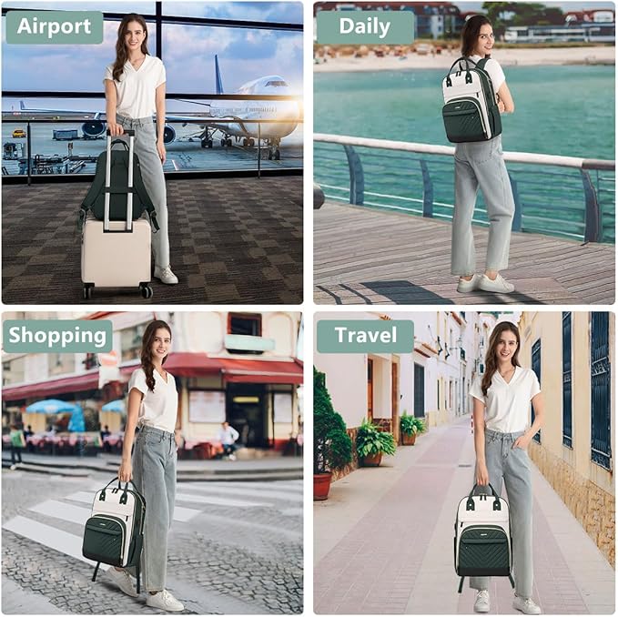 Laptop Backpack for Women Work Bag - 15.6 inch Travel Backpack with USB Charger Business Computer Backpacks for Work College Back pack for Teacher Casual Waterproof Bookbag for Nurses Beige Green