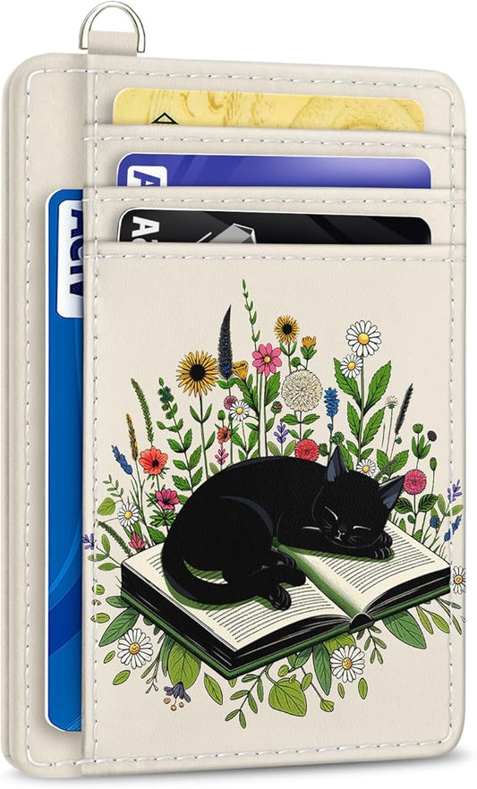 Yonlevres Credit Card Holder Slim Wallet, Floral Cat RFID Wallet Women Front Pocket Small Card Holder, Travel Cute Funny Thin RFID Blocking Case Organizer ID Window PU Leather Gifts