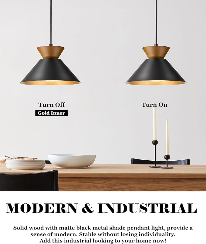 ELYONA Modern Pendant Light Kitchen Island, 10" Solid Wood Hanging Lamp with Matte Black Metal Shade & Gold Inner Finish, Farmhouse Pendant Light Fixtures for Dining Room Bedroom Living Room Hallway