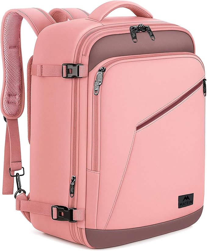 MATEIN Pink Travel Backpack for Women, 40L Water Resistant Carry on Backpack Flight Approved with Chest Strap, Large Travelling Bag for Womens, Cute Casual Daypack for Overnight, Outdoors