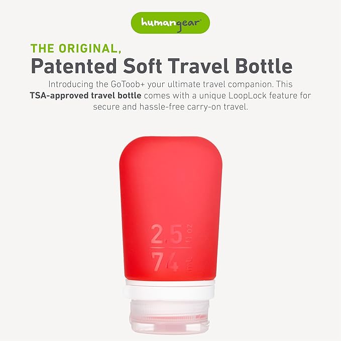 humangear GoToob+ (Medium) | Refillable Silicone Travel Bottle | Locking Lid | Food-Safe Material | Red, Medium (2.5 fl.oz.; 74ml)