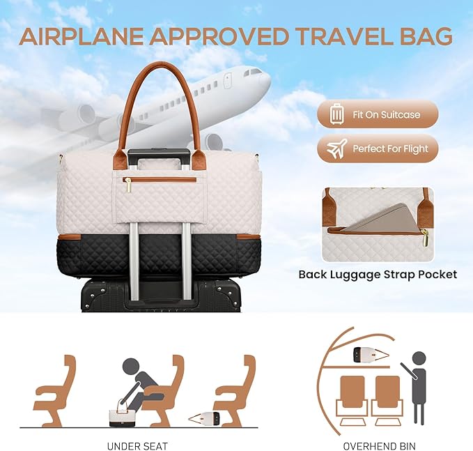 Travel Weekender Duffle Bags for Women - Duffel Bag with Shoe Compartment Carry On Overnight Bag with Toiletry Bag with Wet Pocket for Gym Hospital Bags for Labor and Delivery Black White Brown