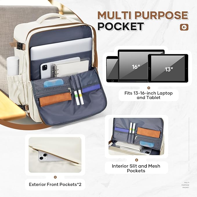 Travel Backpack For Women Men Carry on Backpack Luggage Flight Approved Personal item Travel Bag Essentials Mochila de viaje Laptop College Backpack Large Beige Brown