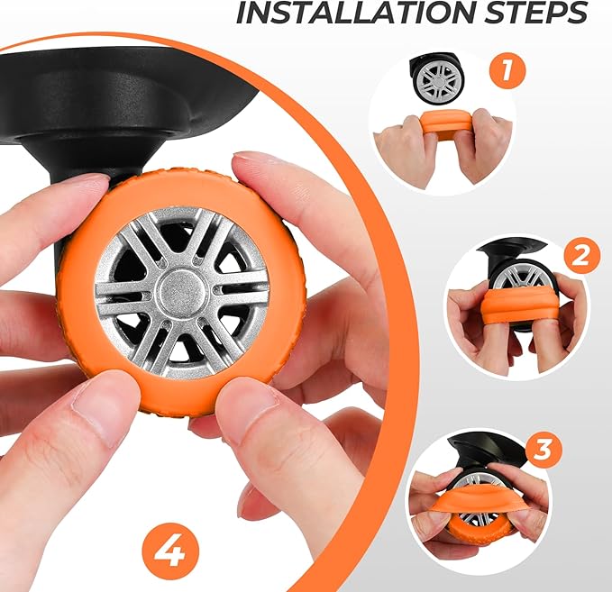 8-Piece Silicone Luggage Wheel Covers-For Dual-Row Spinner Wheels (2.0"-2.4")Diameter Only-Reduces Noise and Prevents Scratches-Designed for Wheels with a Top Clearance Greater Than 0.12" (Orange)