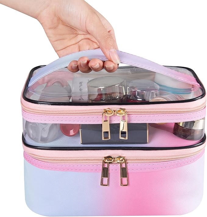 Travel Makeup Bag Cosmetic Bag Makeup Bags for Women Cosmetics Cases Portable Waterproof Foldable (Rainbow Pink)