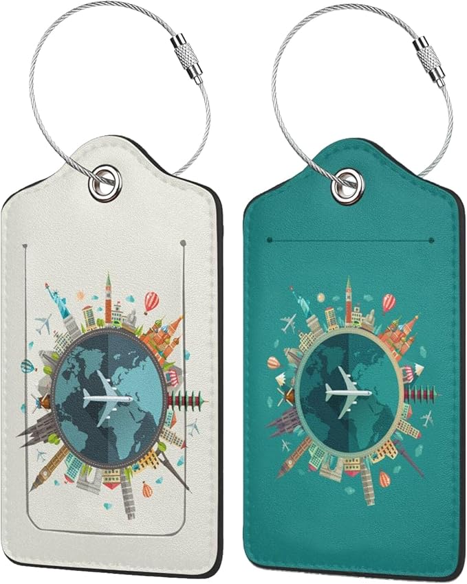 2P Go Travel Flight Views Luggage Tags Privacy Cover ID Label with Stainless Steel Loop and Address Card for Travel Bag Suitcase Funny Cute Man Women Kids