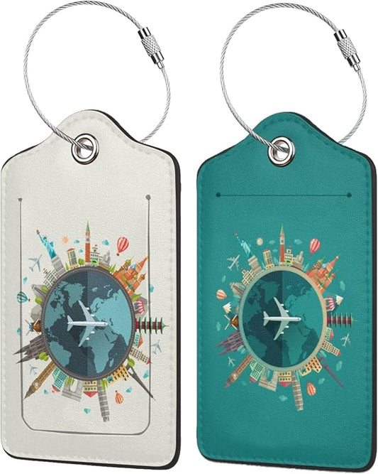2P Go Travel Flight Views Luggage Tags Privacy Cover ID Label with Stainless Steel Loop and Address Card for Travel Bag Suitcase Funny Cute Man Women Kids