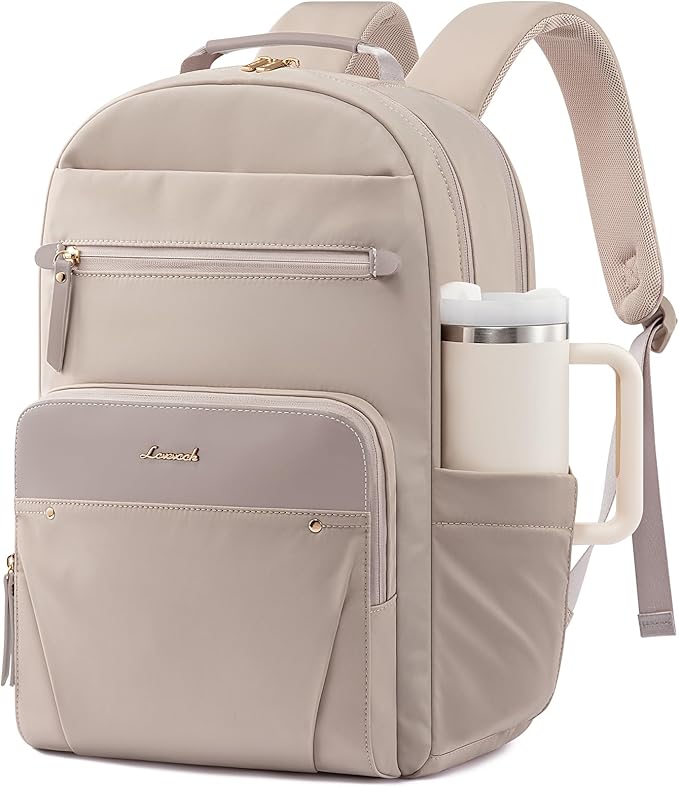 LOVEVOOK Laptop Backpack for Women with Leather Trim & Tumbler Pockets, 15.6" Work Backpack Purse, Travel Personal Item Bag, Carry On Business Computer Bag for Office, School, or Gift, Soft Milk