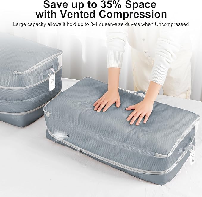 Comforter Storage Bag - Large Capacity Bedding Storage Bags Ultra Space Saving Self Compression Organizer, Washable Compression Bags for Storage Comforter Blanket Duvet Pillow, 4-Pack, Grey