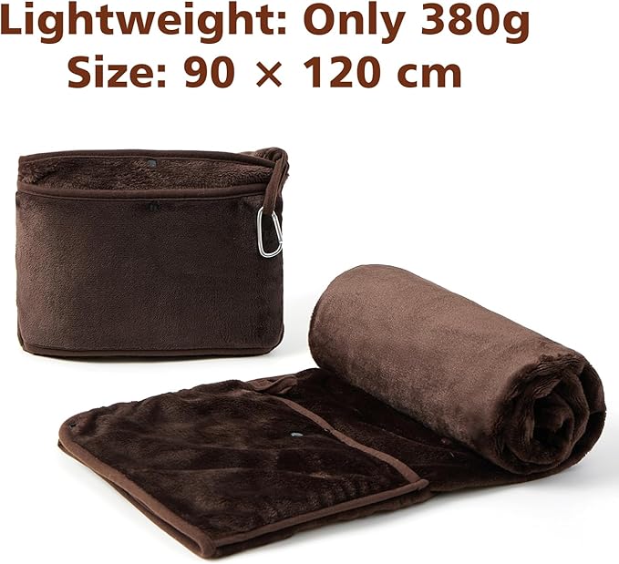 Travel Blanket with Carry Bag, Lightweight Wearable Airplane Blanket, Soft Packable Throw for Travel & Office Coffee Brown