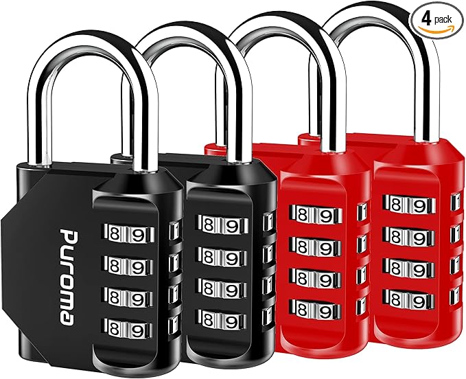 Puroma 4 Pack Combination Lock for Locker 4 Digit Outdoor Waterproof Padlock for School, Gym, Sports, Fence, Toolbox, Gate, Case, Outdoor, Hasp Storage, Cabinets (Red & Black)