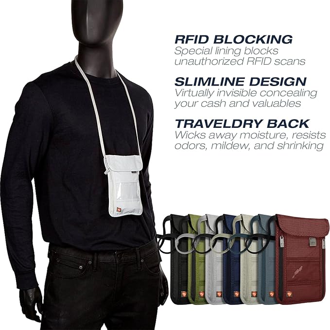 Lewis N. Clark RFID Blocking Stash Neck Wallet, Travel Pouch + Passport Holder for Women & Men, Navy
