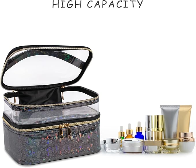 Double-layer Makeup Bag Cosmetic Bag Travel Makeup Cases Organizer Toiletry Bag Gift for Women, Portable Waterproof (Black)