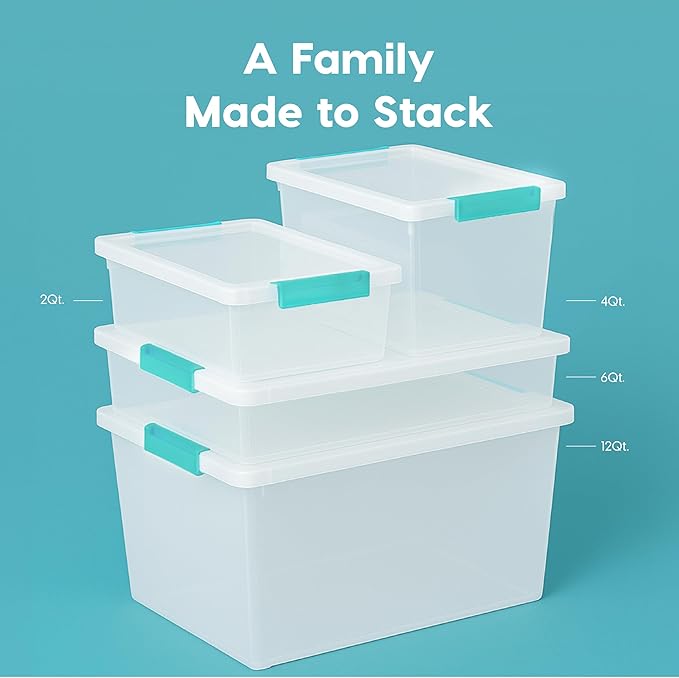 IRIS USA 6 Qt. Craft Storage Bins with Lids, 3-Pack, |Made in USA|, Clip Box, Small Plastic Sensory Bin Tote Organizer Containers for Art Supplies, Paper, & Office, Stackable - Clear/Seafoam Blue
