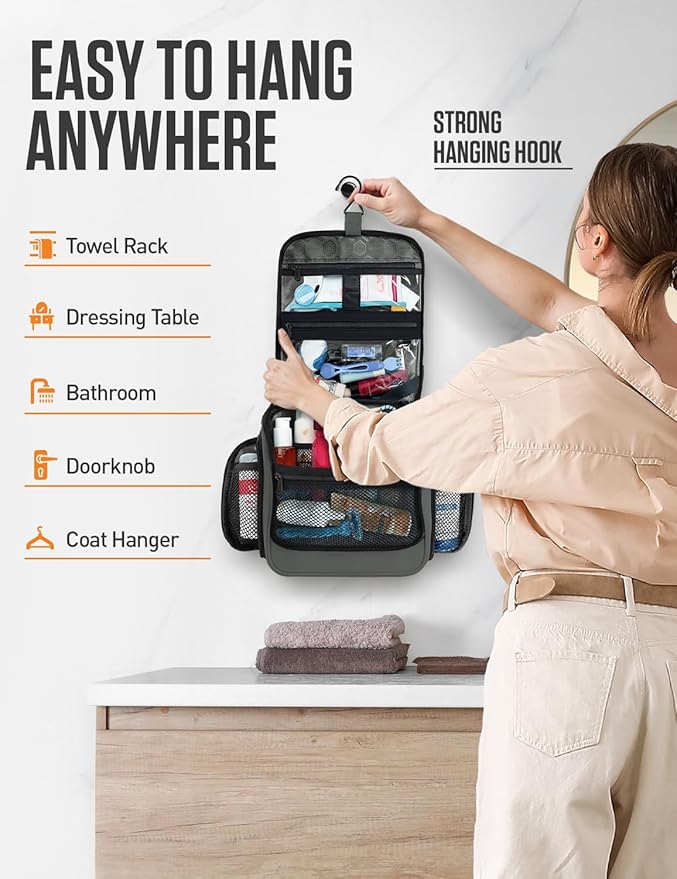 VENTURE 4TH Hanging Travel Toiletry Bag for Women & Men – Large Toiletry Organizer with 18 Compartments, Removable TSA Pouch, Travel Wash Bag for Toiletries, Makeup & Shaving Kit (Shadow Gray)